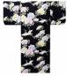 Preview: Schwarzer Baumwollkimono mit goldfarbenem Kranich- und Blumenmotiv