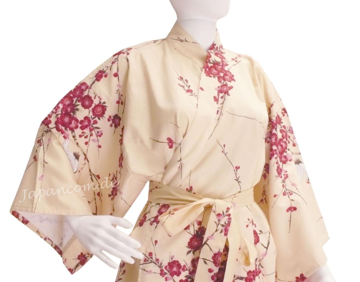 Kimono Bademantel Cherry Blossom beige gefüttert