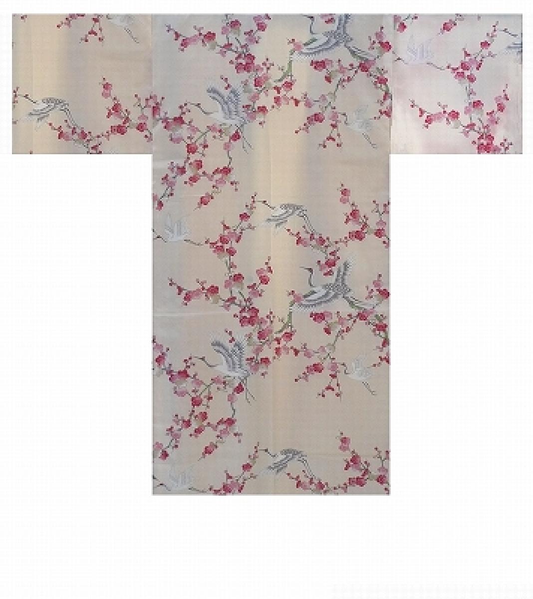 Seidenkimono Kraniche und Kirschblüten perlweiss, kurz