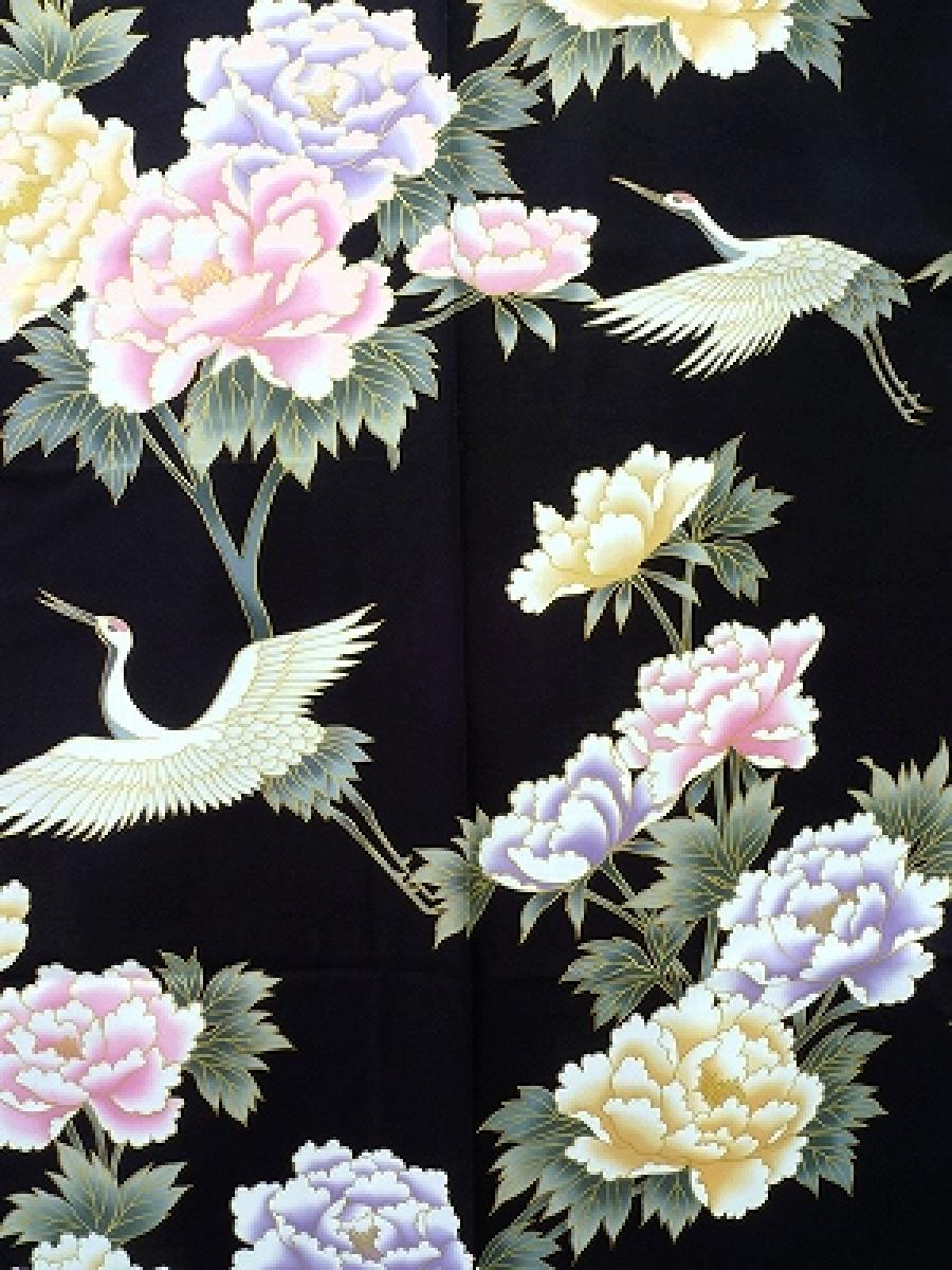 Damen Kimono Royal Cranes schwarz, lang, Baumwolle