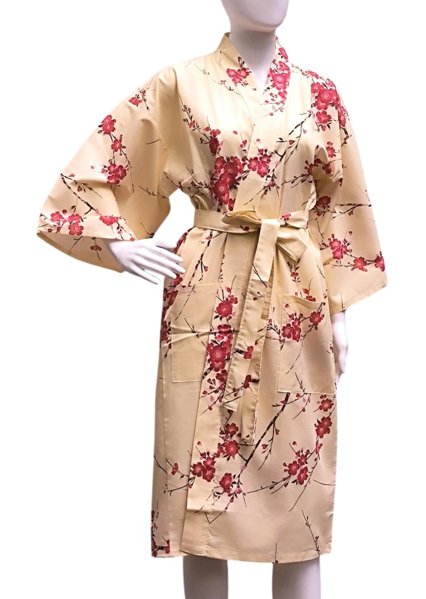 Kurzer Happi Kimono in Beige mit Kirschblüten