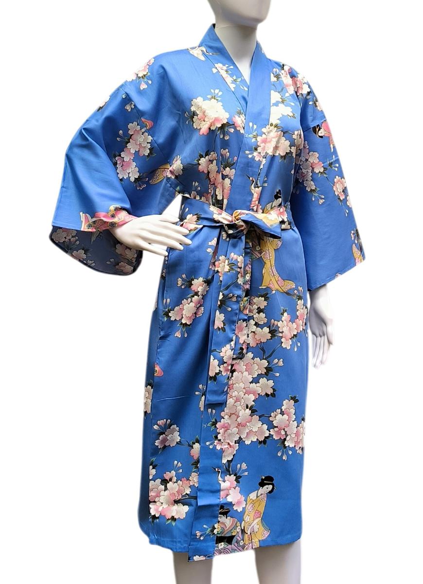 Blauer Damen Happi Kimono mit weißen und rosafarbenen Kirschblüten