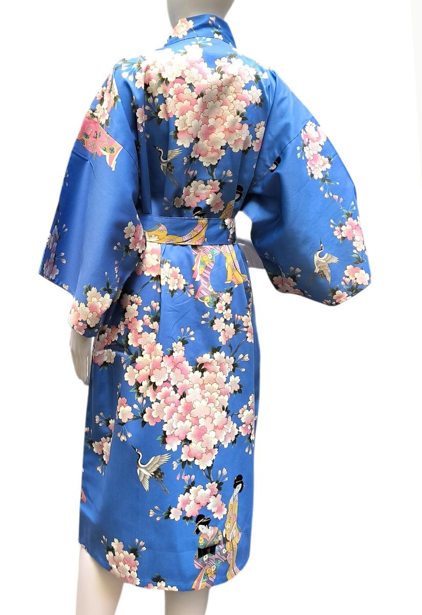 Blauer Damen Happi Kimono mit Kirschblütenfest-Motiv aus Japan