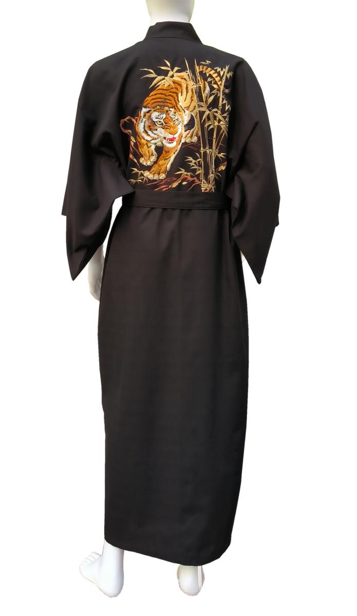 Herren Kimono Tiger Bambus Tsumugi schwarz