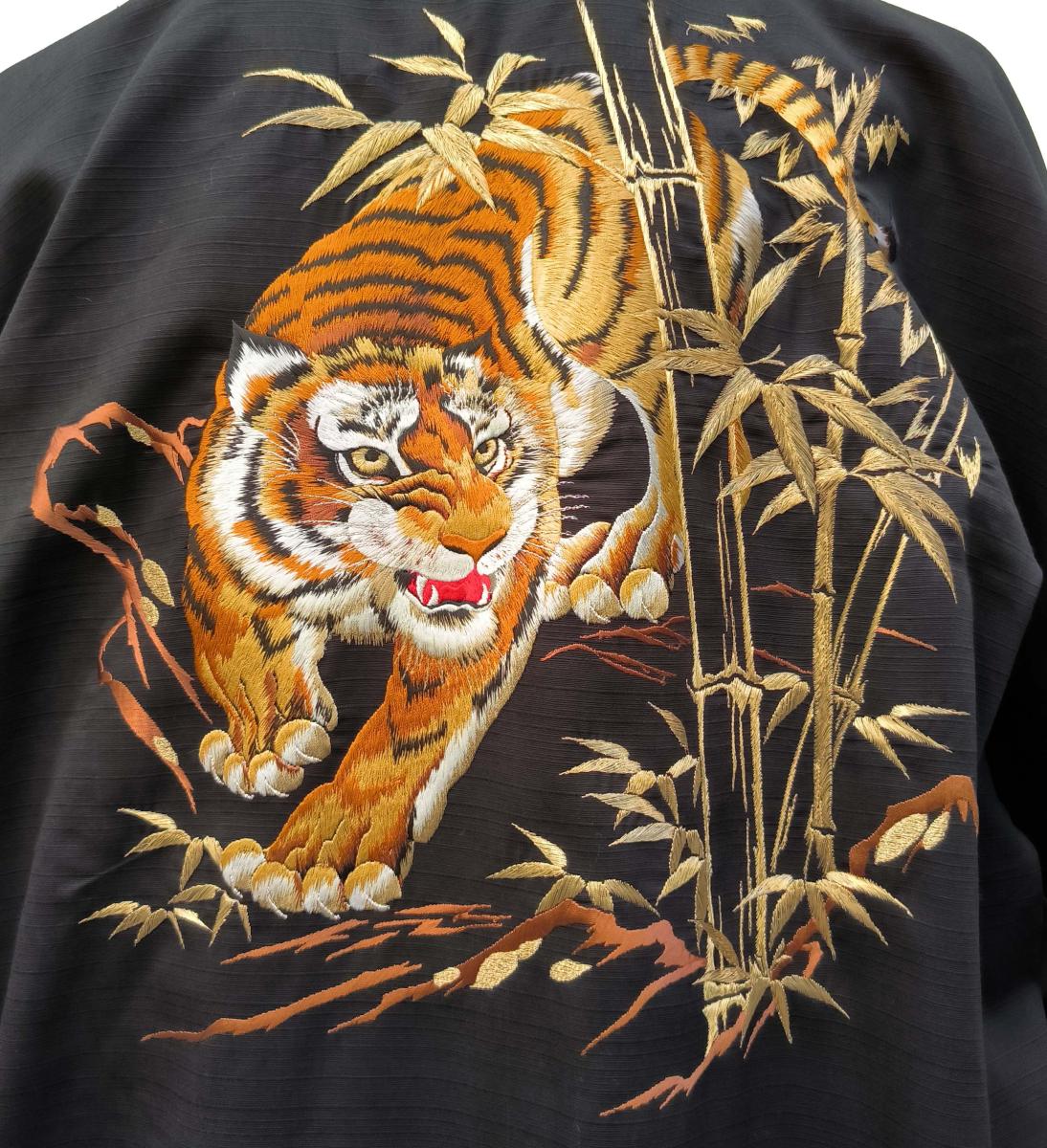 Herren Kimono Tiger Bambus Tsumugi schwarz