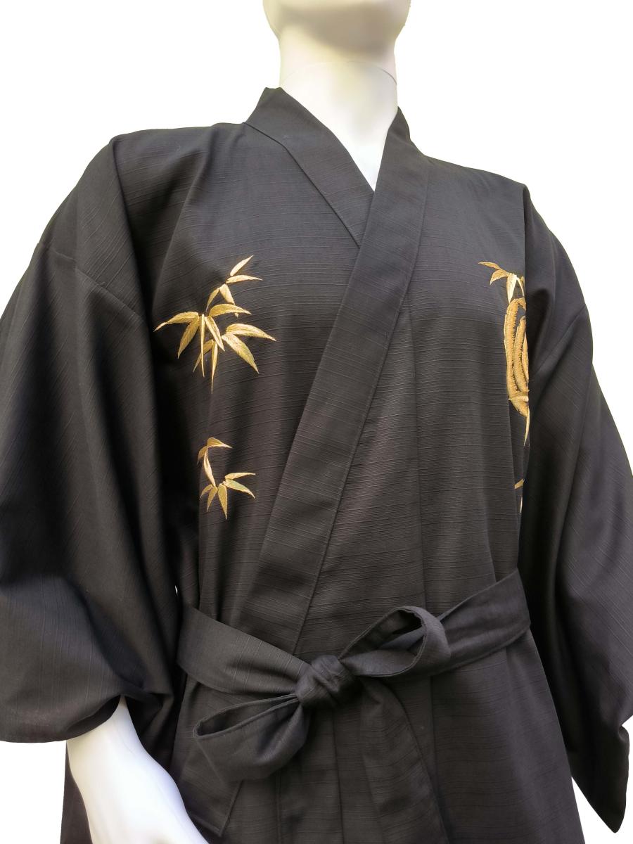 Herren Kimono Tiger Bambus Tsumugi schwarz