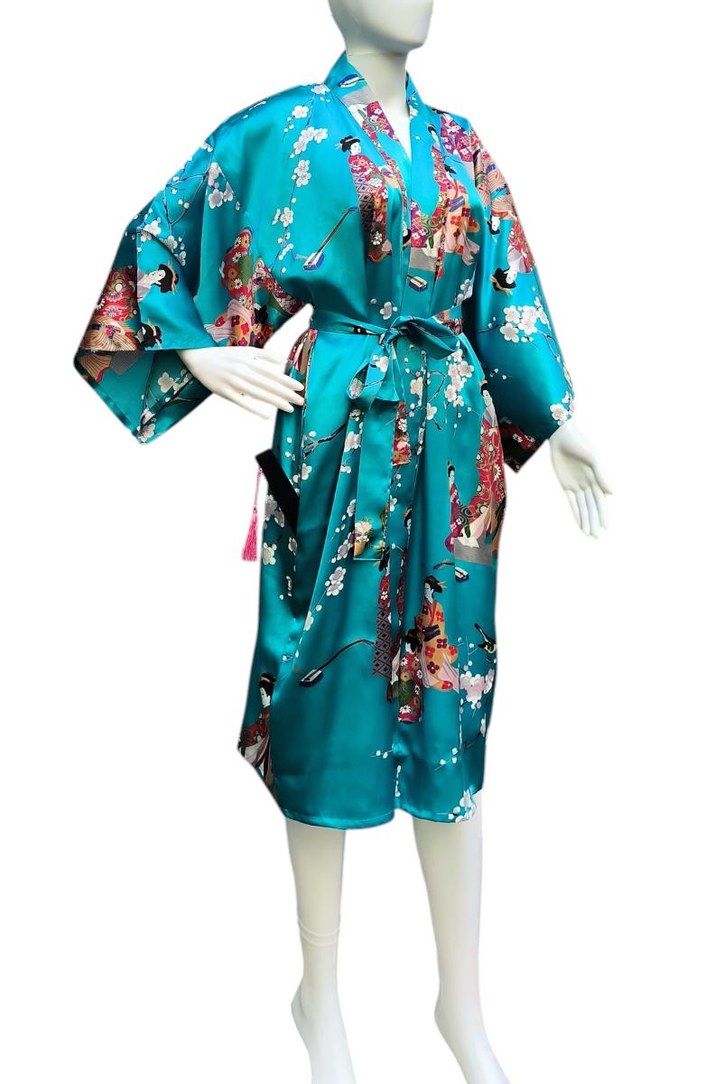 Türkiser Kimono-Bademantel mit Kirschblüten und Damen im Kimono