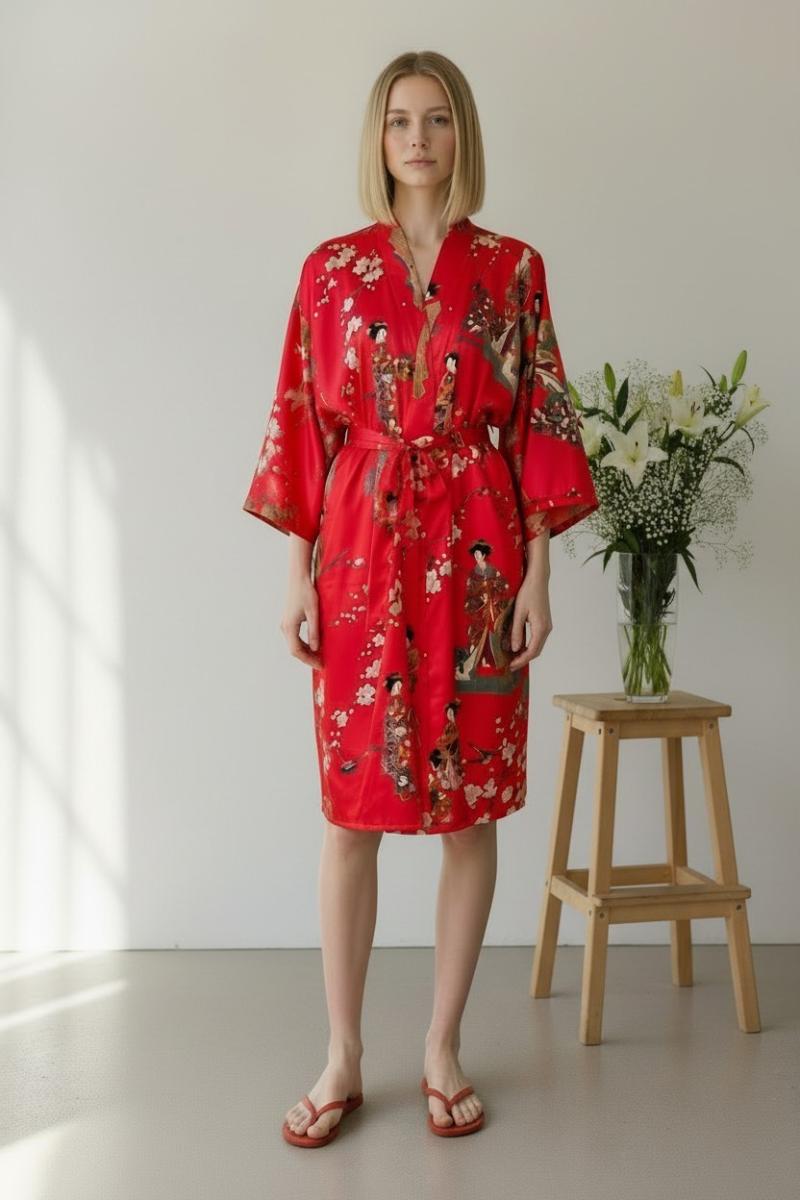 Seidenkimono Morgenmantel Kirschblütenfest rot