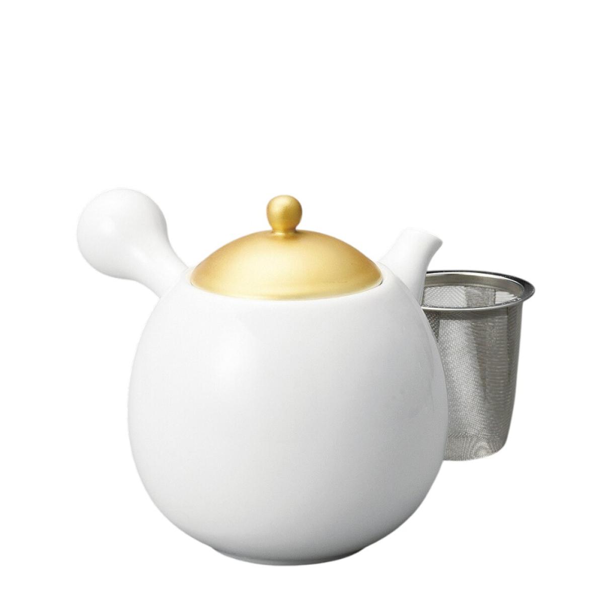Weiße Porzellan Teekanne Minoyaki mit goldenem Deckel 470ml