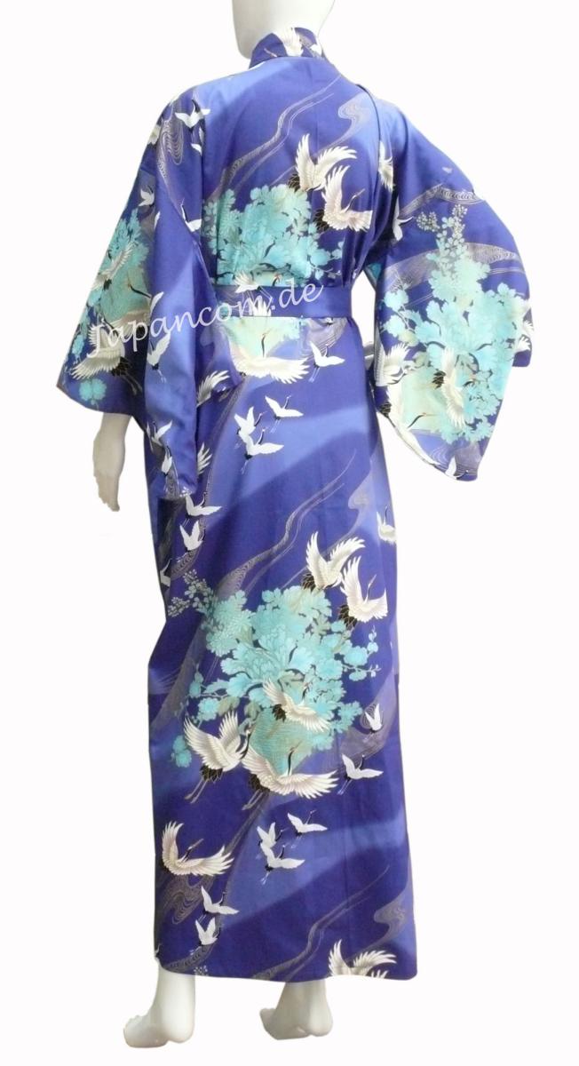 Rückansicht des blauen Damenkimonos Tsuru