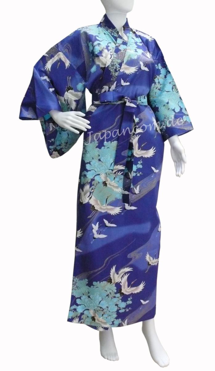 Blauer Damenkimono Tsuru mit Kranichmotiv