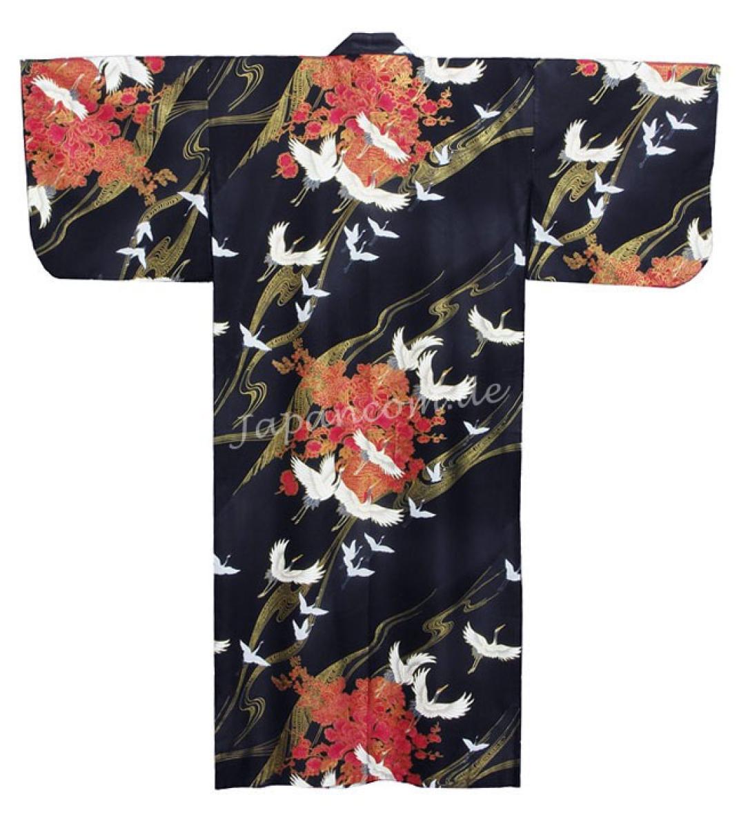 Damen Kimono Tsuru Kranich schwarz