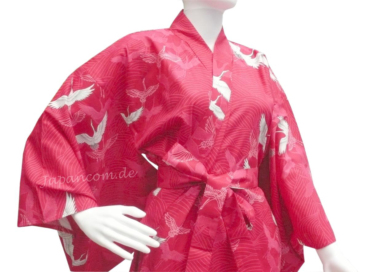 Damen Yukata Kimono Kranich über Wellen rot