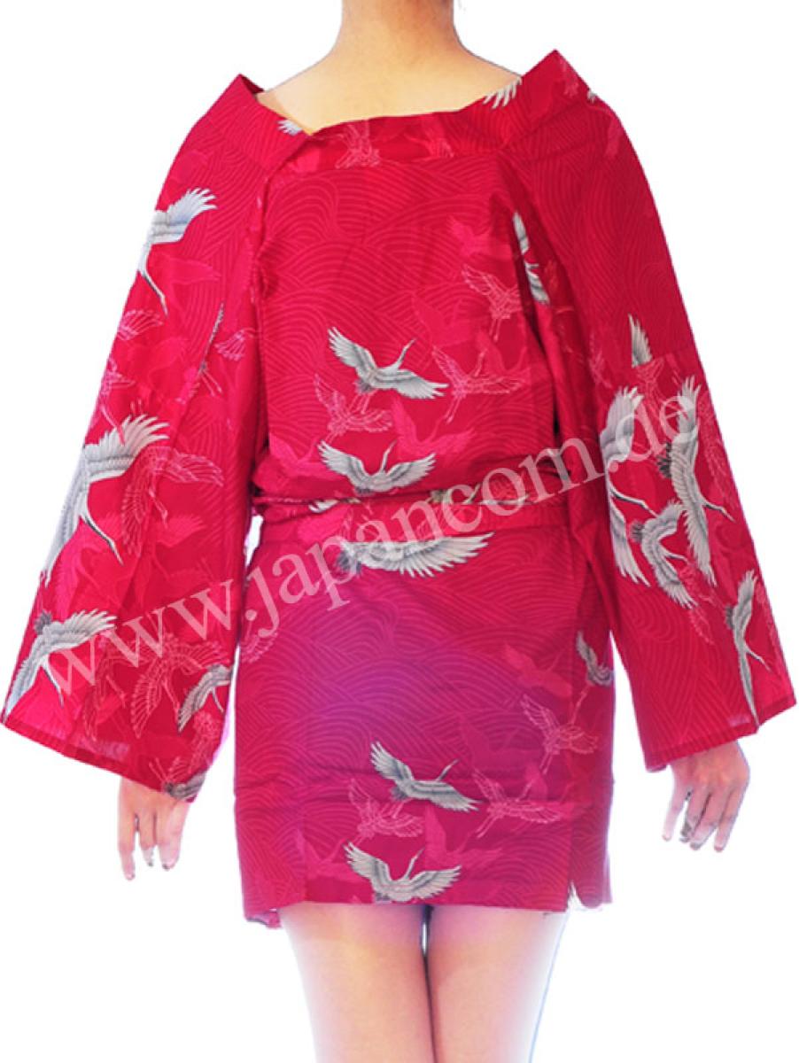 Happi - Kimono Bademantel Kranich Wellen rot kurz