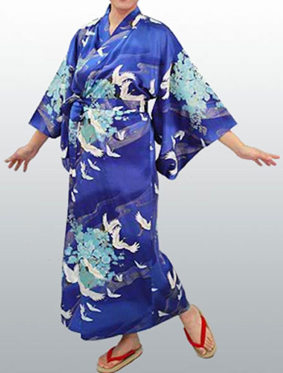 Damen Kimono Tsuru Kranich blau