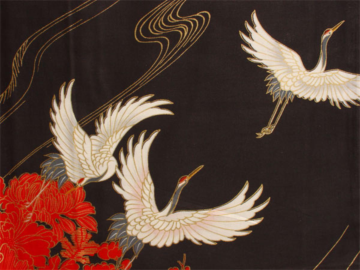 Damen Kimono Tsuru Kranich schwarz