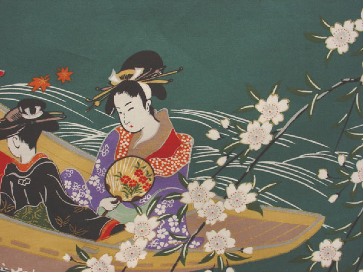 Damen Kimono Ukiyoe grün