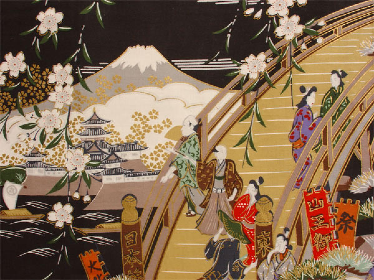 Damen Kimono Ukiyoe schwarz