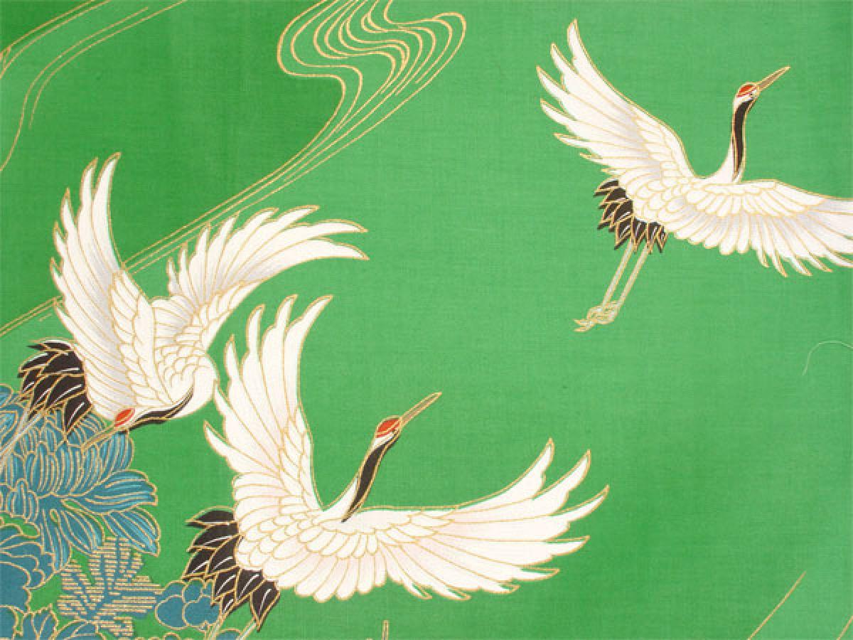Happi - Kimono Tsuru (Kranich) grün, kurz