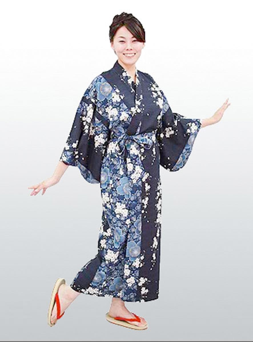 Damen Kimono Sakura Kirschblüte blau, lang
