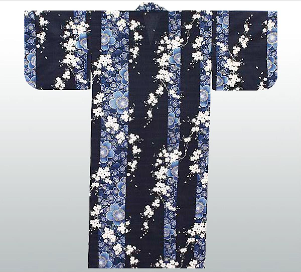 Damen Kimono Sakura Kirschblüte blau, lang