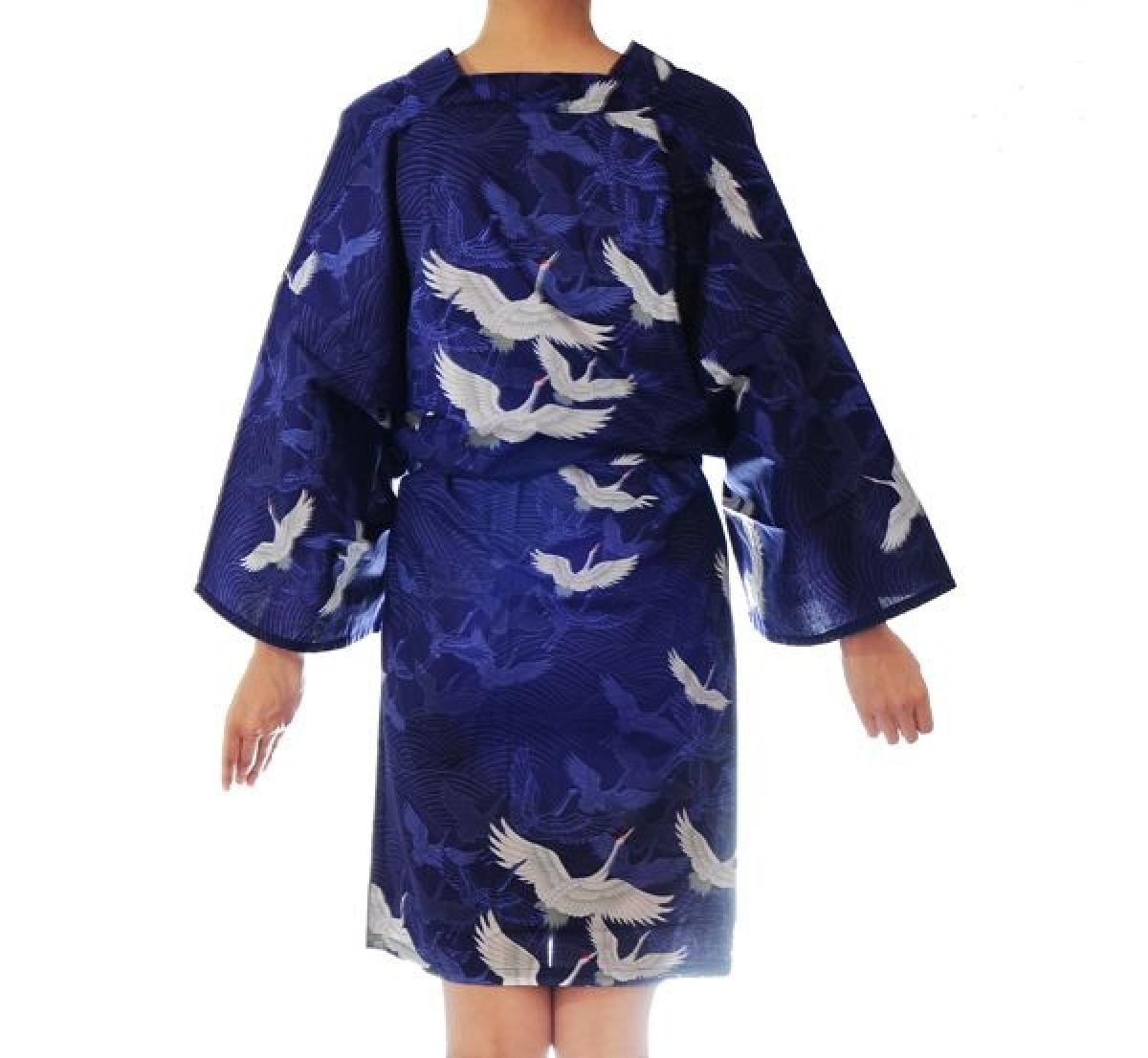 Happi Kimono Kranich Wellen royalblau, kurz