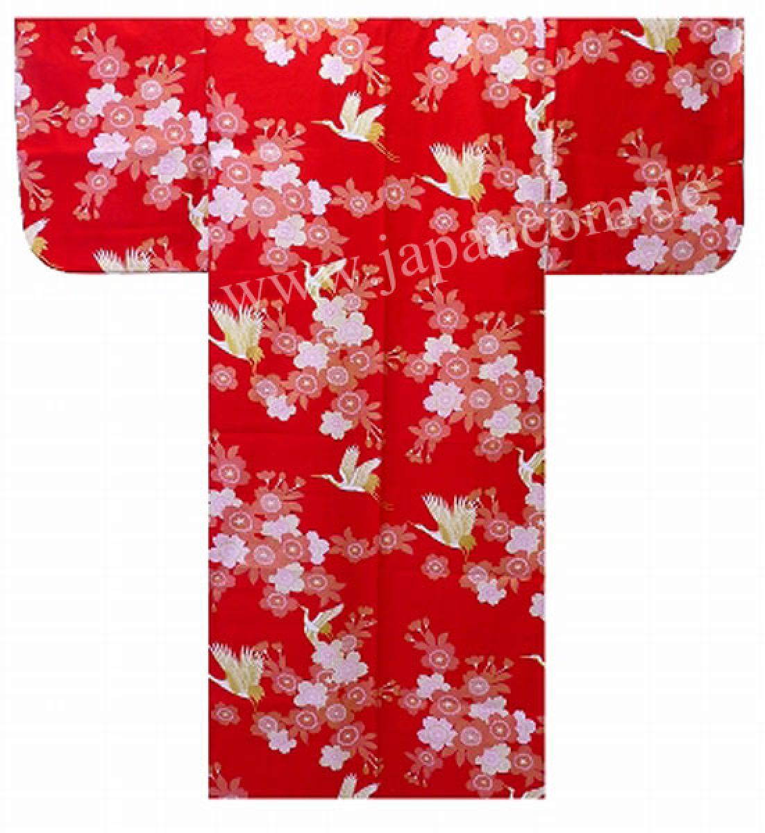 Kimono Kirschblüten & Kraniche rot Gr.S