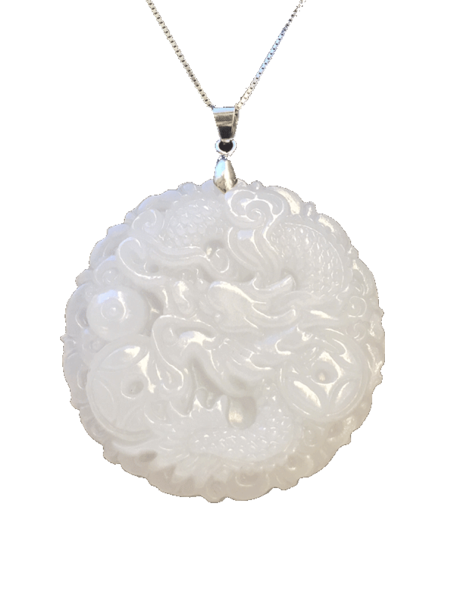 Silberkette mit Jade Anhänger Drache weiss