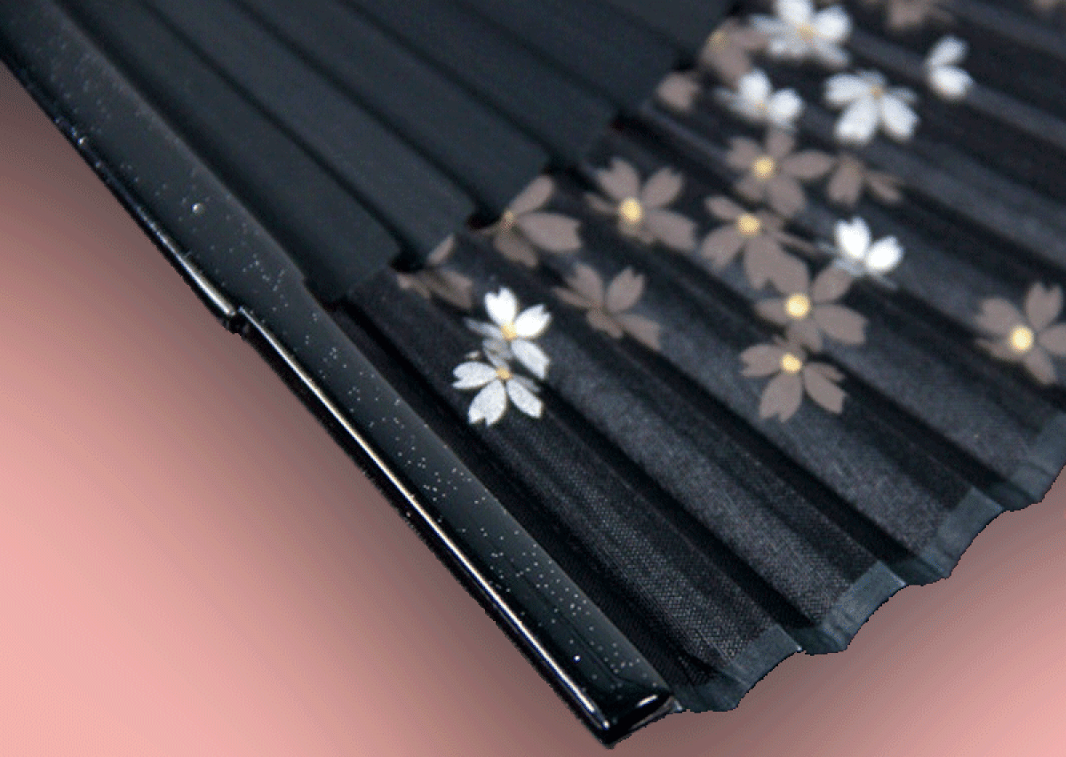 Fächer Kirschblüten schwarz-gold, Seide