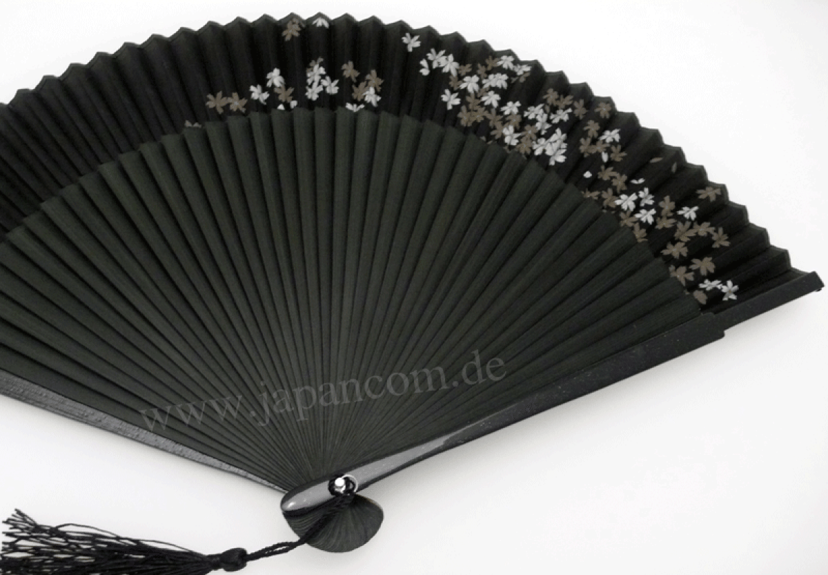 Fächer Kirschblüten schwarz-gold, Seide