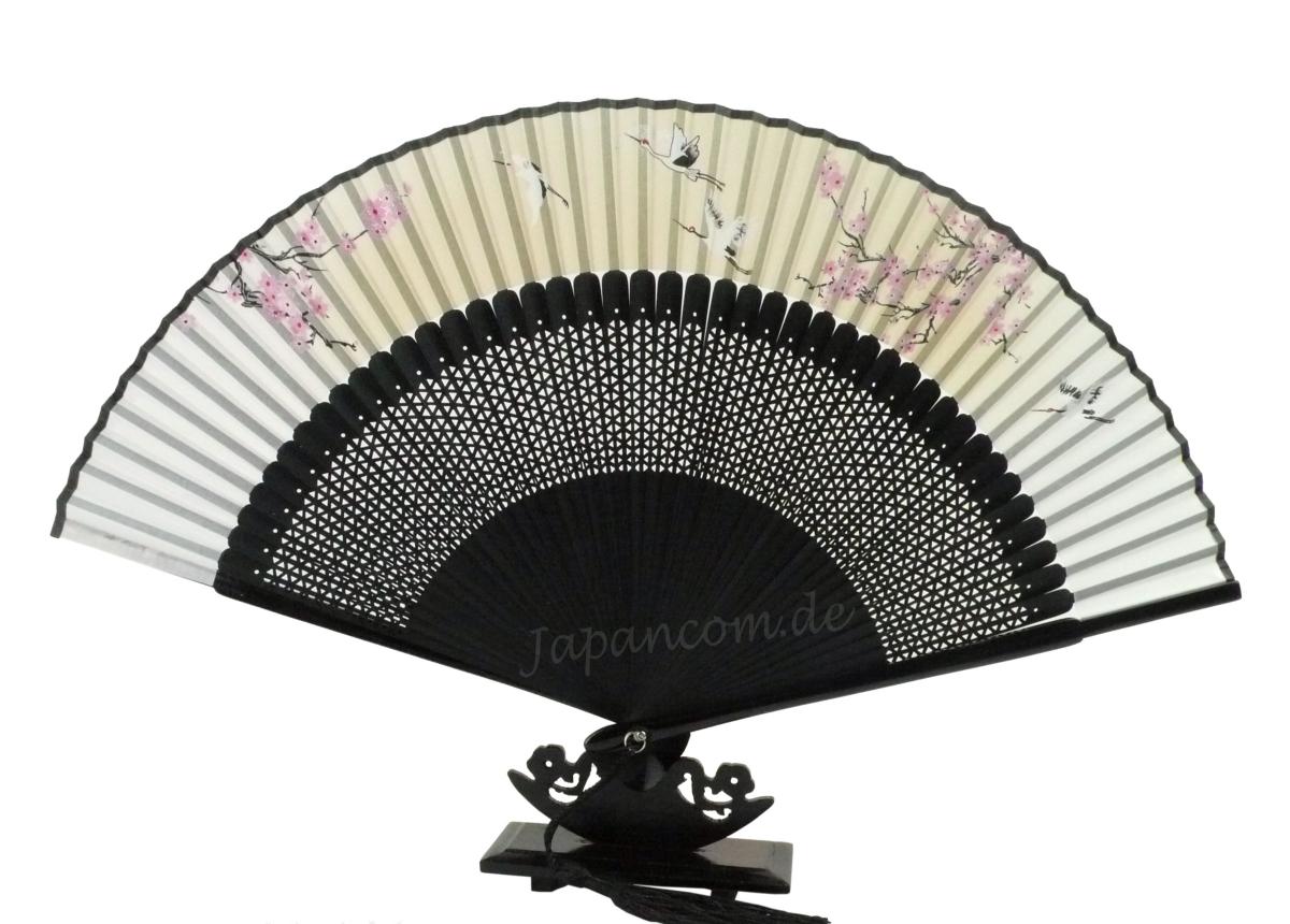 Bambusfächer Kraniche und Kirschblüten beige