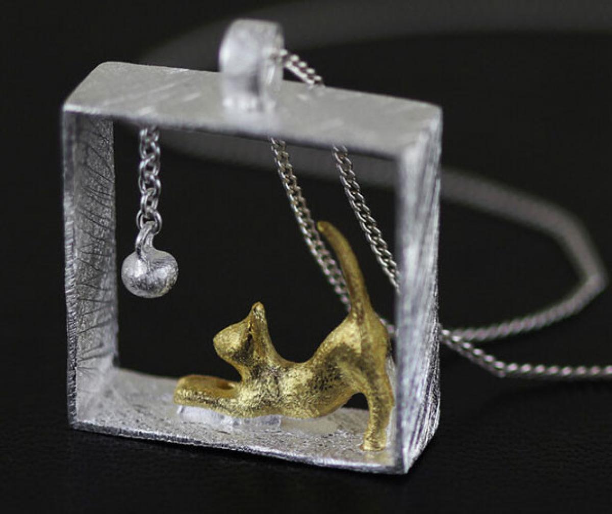 925er Silber Kette GOLDENE KATZE mit BALL
