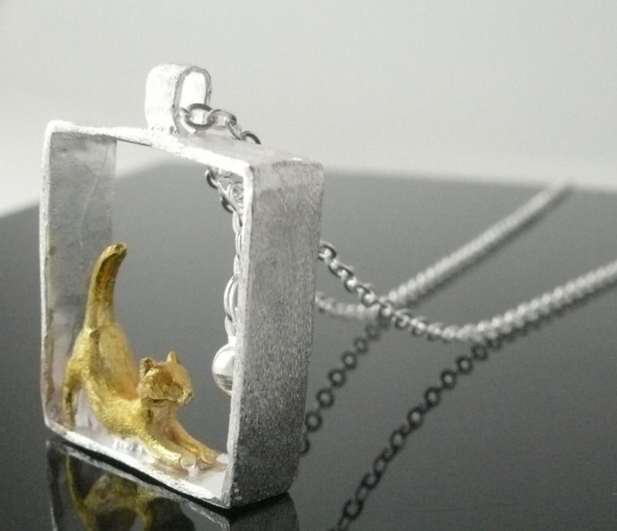 925er Silber Kette GOLDENE KATZE mit BALL