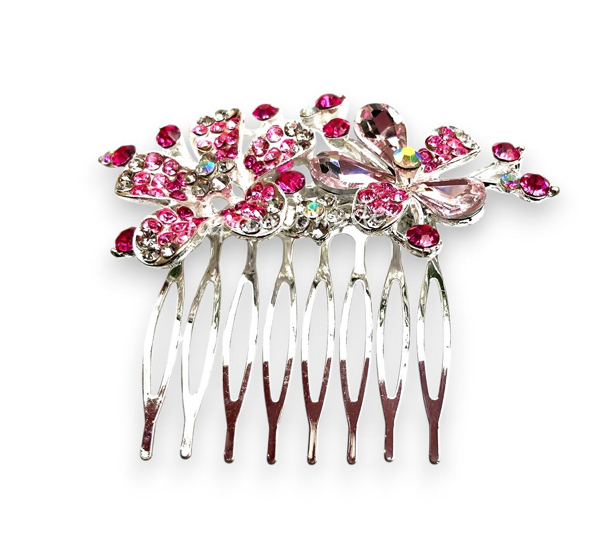 Haarkamm Blume mit Glitzersteinen rot