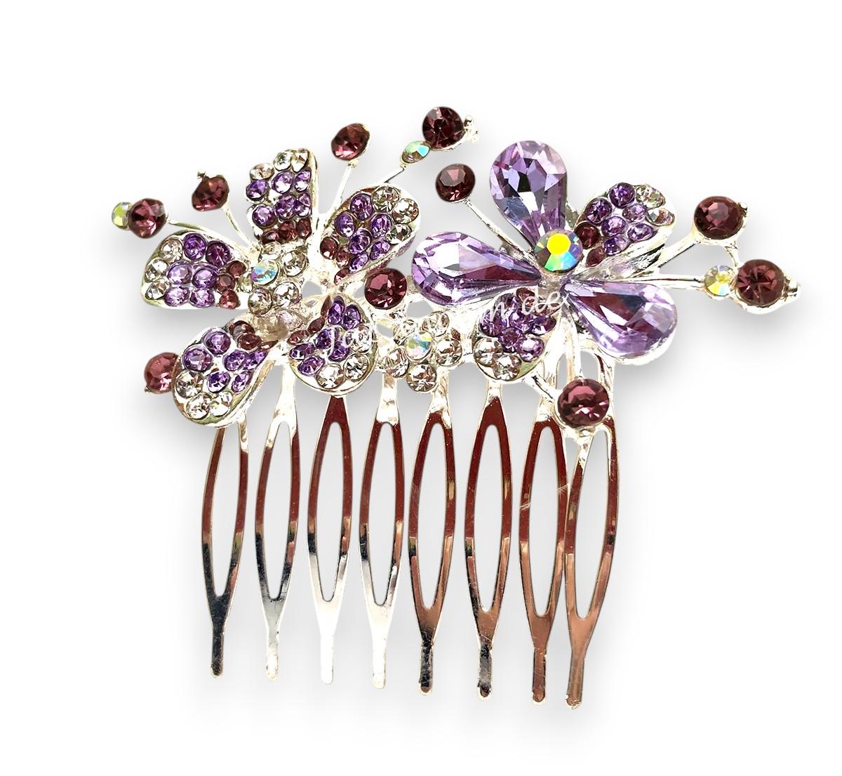 Haarkamm Blume mit Glitzersteinen violett