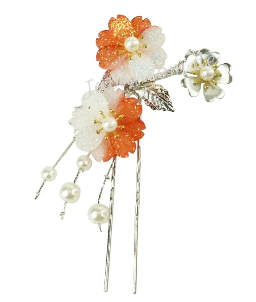 Haarnadel Sakura orange-rot U-Form