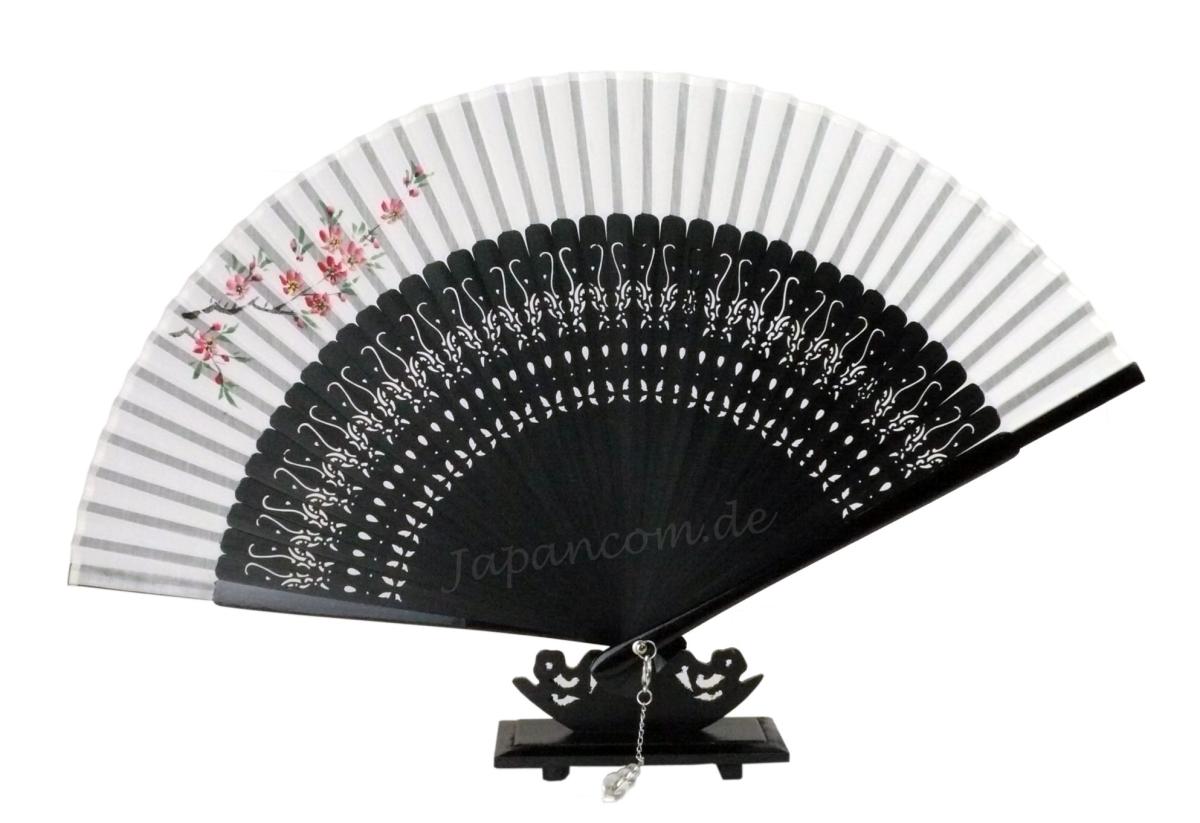 Handgemalter Fächer Kirschzweig weiss-schwarz