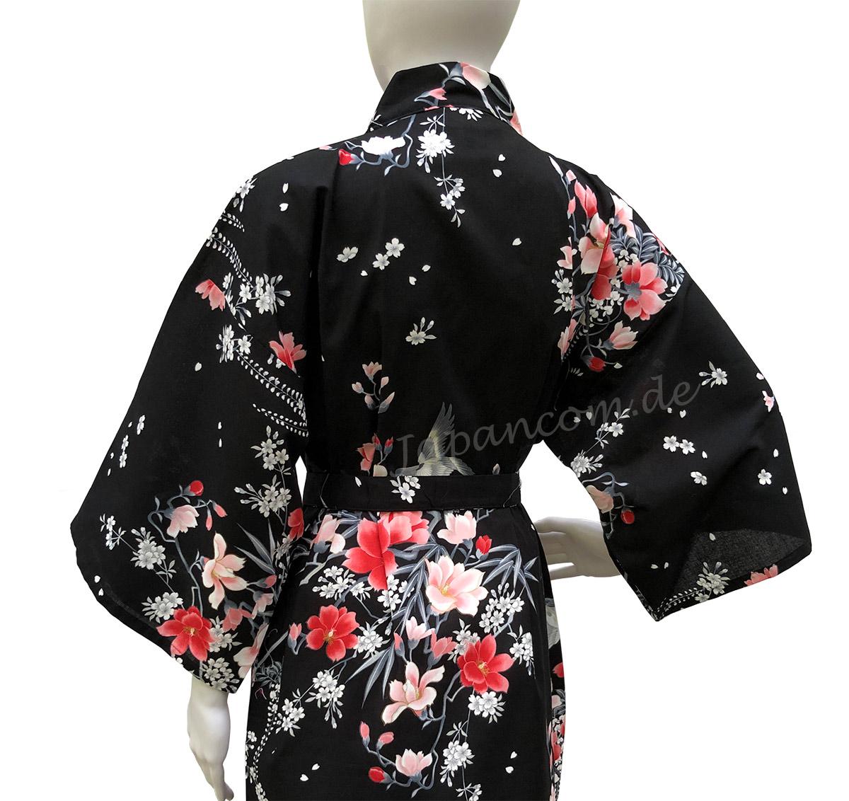 Schwarzer Happi Kimono Hana mit bunten Blumen