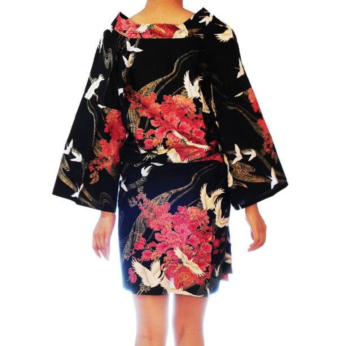 Happi Kimono Tsuru (Kranich) schwarz knielang