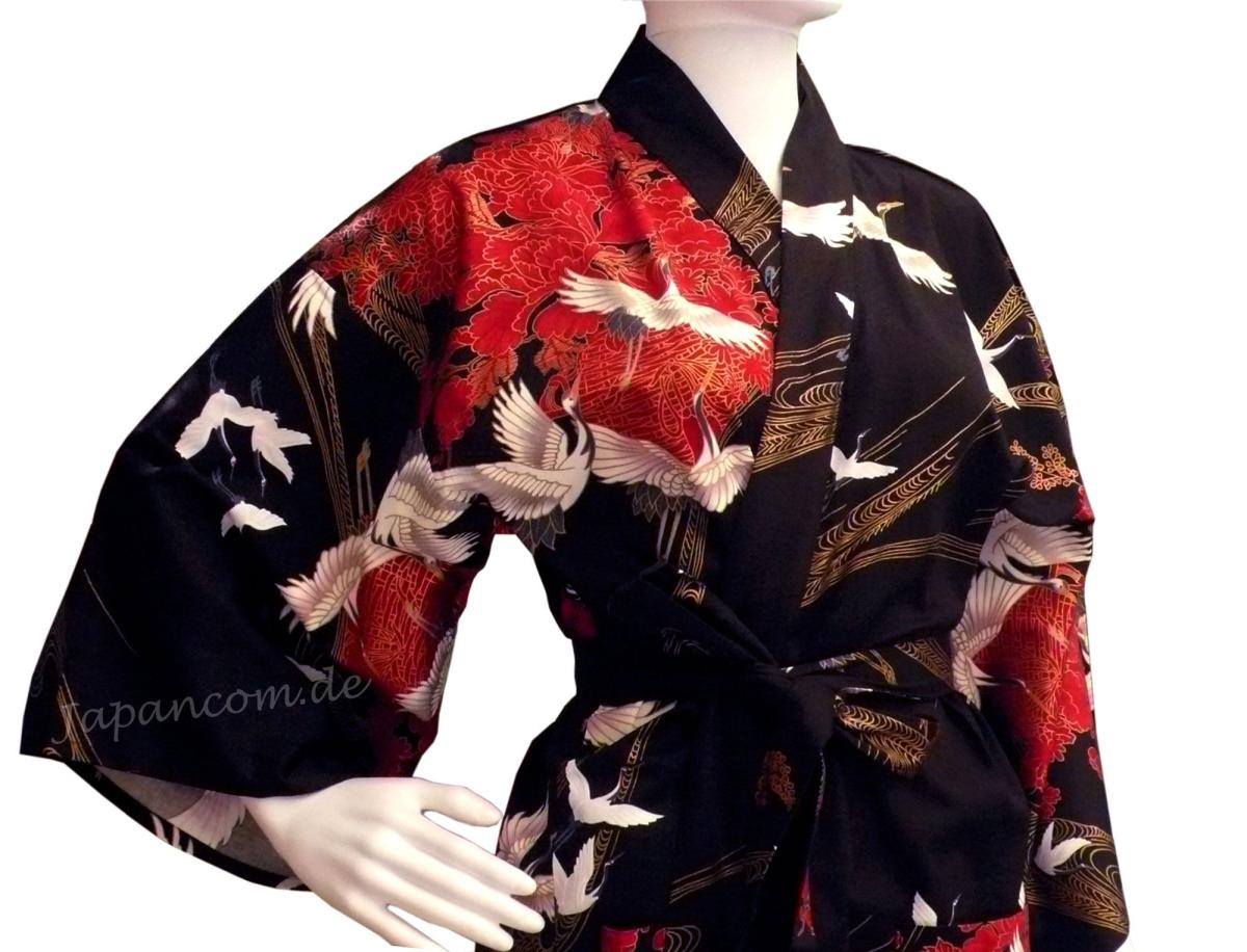 Happi Kimono Tsuru (Kranich) schwarz knielang