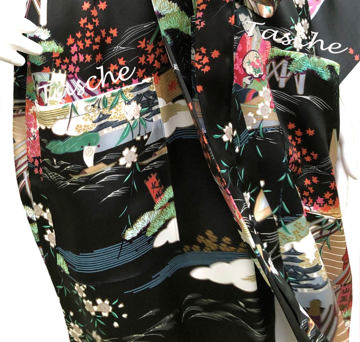 Seidenkimono Ukiyoe schwarz kurz