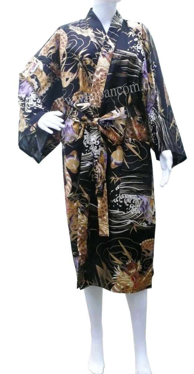 Bademantel Kimono Drachen Tiger schwarz kurz