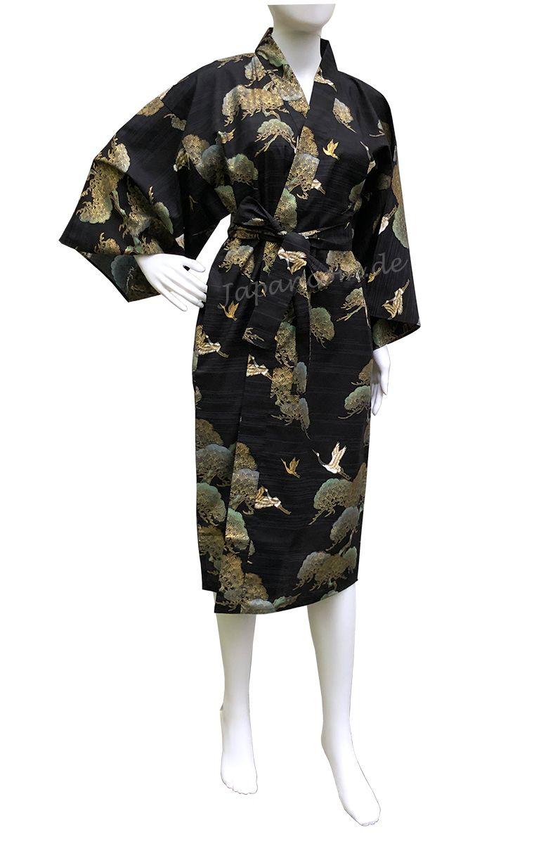 Damen / Herren Kimono Kraniche Kiefern schwarz knielang