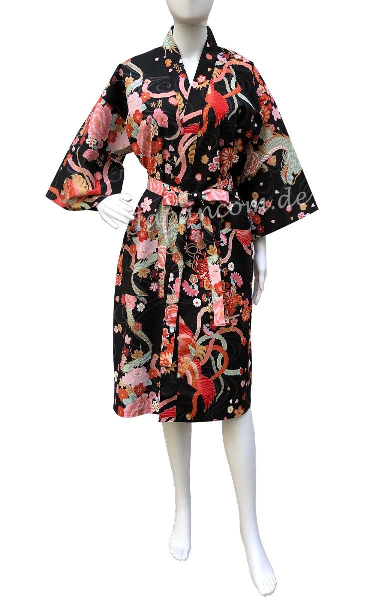 Damen Bademantel Kimono Drachen Phönix schwarz