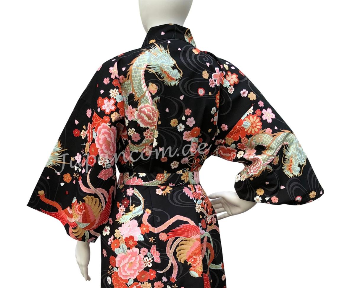 Damen Bademantel Kimono Drachen Phönix schwarz