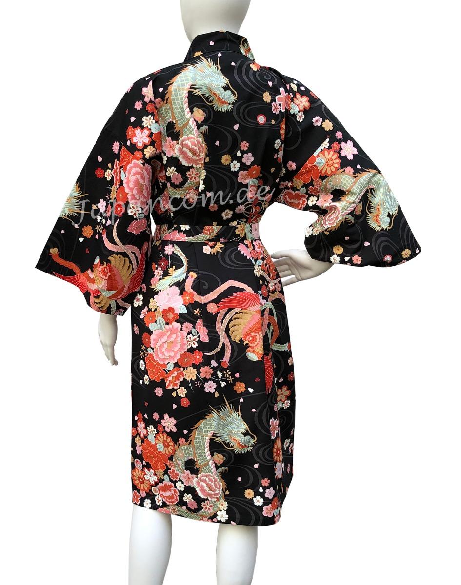 Damen Bademantel Kimono Drachen Phönix schwarz