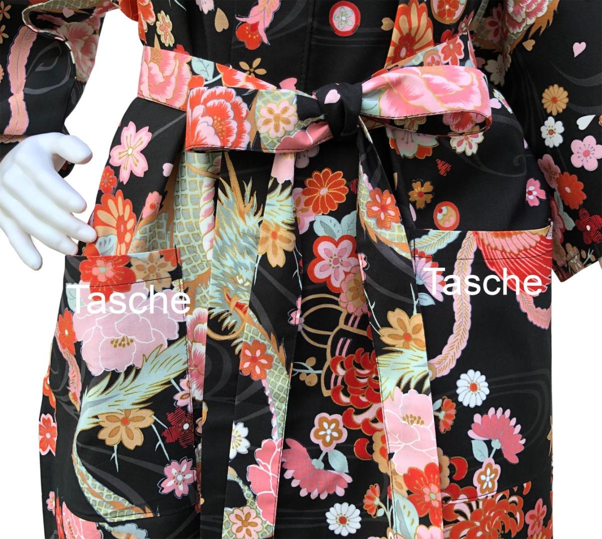 Damen Bademantel Kimono Drachen Phönix schwarz