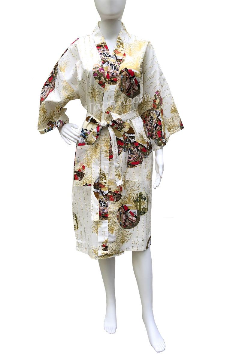 Weißer Baumwollkimono mit Hofdamen im Ukiyo-e-Stil, knielang