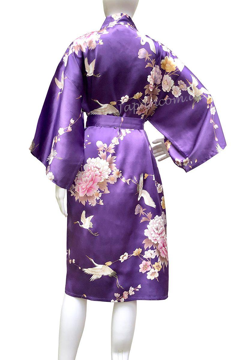 Violetter Seidenkimono Royal Cranes mit Kranichen und Päonien