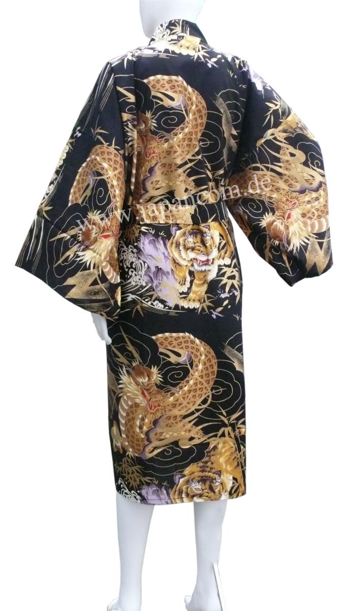 Bademantel Kimono Drachen Tiger schwarz kurz